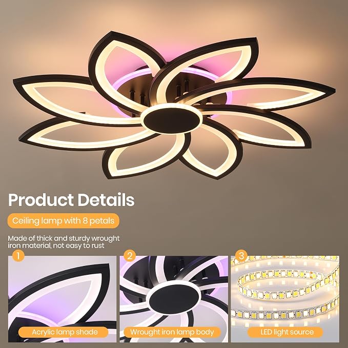 70W Flower LED Ceiling Light, 8-Petal Flush Mount with Remote | RGB Ambient Backlight Ceiling Lamp, Dimmable 3000K-6000K, 4200LM Remote Light with Memory for Living Room Bedroom Game Room