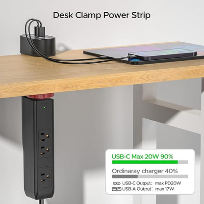 Desk Clamp Power Strip with 20W USB PD Fast Charging, 1020J Surge Protector Under Desk Power Strip, 6 Outlets & 3 USB Ports, No-Drill Mount Hub with 45° Flat Plug, 6FT Cord, ETL Listed
