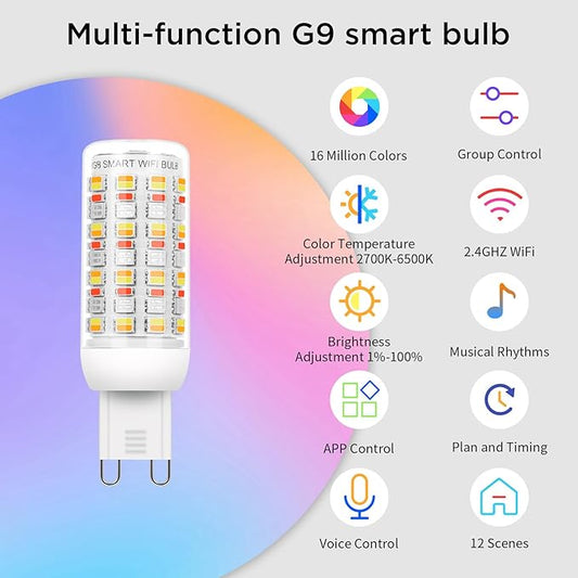 I-SHUNFA Wi-Fi RGBCW Smart G9 LED Bulbs,Compatible with Alexa/Google Home,Multicolour Dimmable,2700K-6500K,AC 120V 4W,400LM Brightness Adjustable 1%-100%,with Musical Rhythm LED Light Bulb,3 Pack