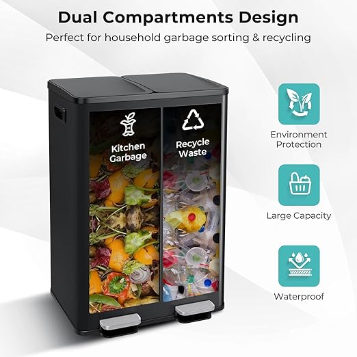 Goplus 16 Gallon/ (2x30L) Stainless Steel Trash Can, Kitchen Trash Bin w/Dual Removable Inner Buckets, Soft Closure & Step-on Pedal, Deodorizer Compartment, Garbage Bin for Recycling, Black
