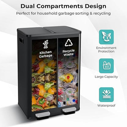 Goplus 16 Gallon/ (2x30L) Stainless Steel Trash Can, Kitchen Trash Bin w/Dual Removable Inner Buckets, Soft Closure & Step-on Pedal, Deodorizer Compartment, Garbage Bin for Recycling, Black