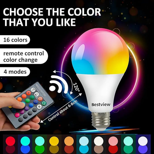 Bestview RGB LED Light Bulb, Color Changing Light Bulbs with Remote Control, RGBW Warm White 5W E27 Screw Base,Mood Flood E26 Light Bulb-16 Color Choices for Home Party Bedroom Outdoor (4 Pack)