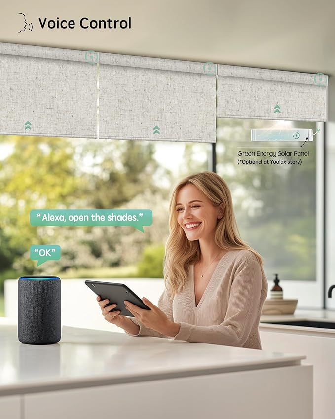 Yoolax Motorized Blinds with Remote, 100% Blackout Smart Blinds Work with Alexa, Google, Apple Homekit, Motorized Shades for Bedroom, Custom Electric Shades Voice Control (Linen Beige)