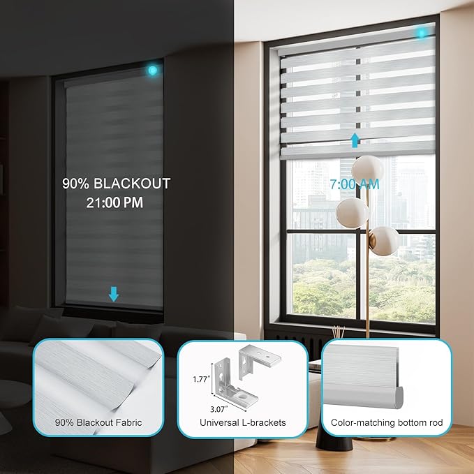 Motorized Zebra Blinds with Remote Smart Blind Work with Homekit Alexa SmartThings Electric Day and Night Shade Cordless Automatic Solar Powered Window Shade Customize(Luxury Grey)
