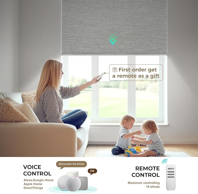 HeyBlinds Motorized Blinds with Remote, 100% Blackout Smart Blinds, Automatic Shades for Windows Compatible with Alexa Google and Homekit, Custom Size(Summer Haze-Greywind BO)