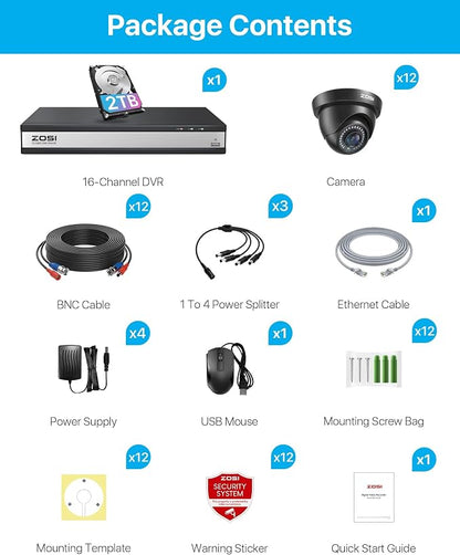 ZOSI 16 Channel Security Camera System 1080p, 2MP H.265+ Hybrid 16CH DVR with AI Human Vehicle Detect, 12 x 1080p CCTV Dome Camera Outdoor, 80ft Night Vision, 90° View Angle, Remote Access, 2TB HDD