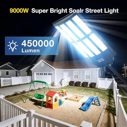 OKPRO 9000W Solar Street Lights Outdoor, IP66 Waterproof Commercial Solar Powered Flood Light with Motion Sensor & Remote, Dusk to Dawn Security Lighting for Yard, Farm, Parking Lot, Garage (2Pack)