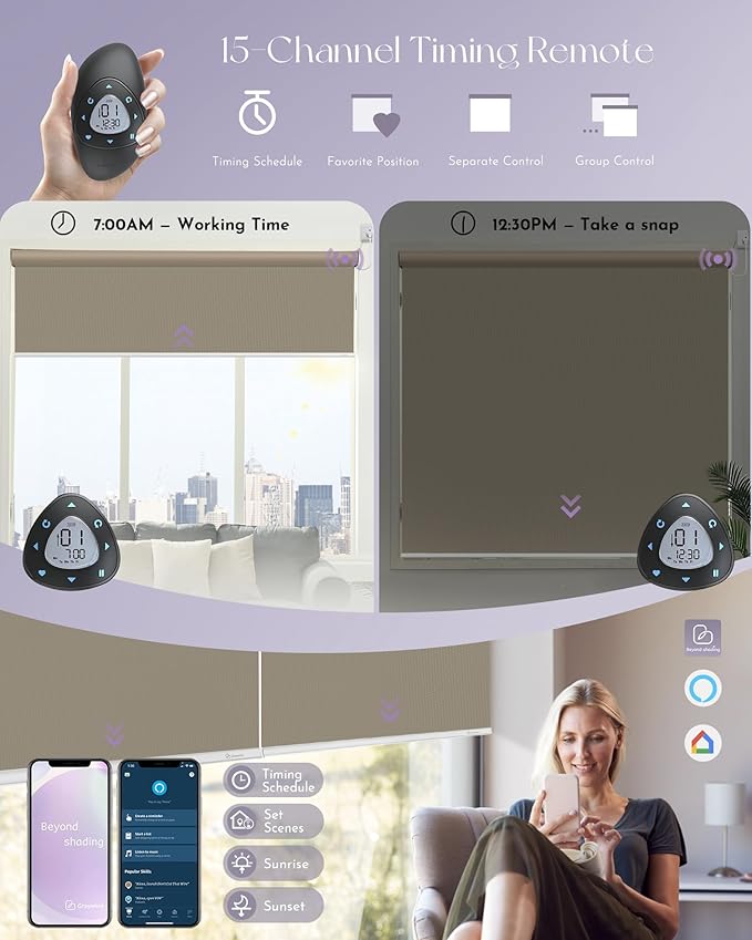 Graywind Motorized Roller Shade 100% Blackout Work with Alexa Google Waterproof Vinyl Fabric Remote Control Hardwired Window Shades Window Blinds, Customized Size (Coffee)