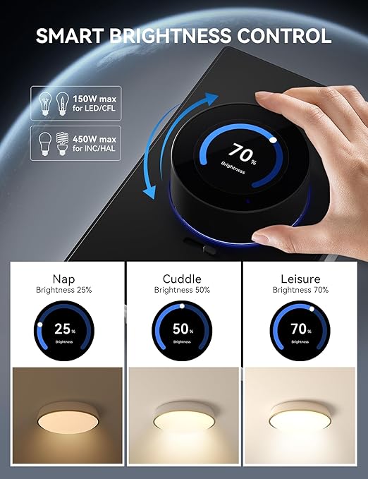 ELEGRP WiFi Smart Rotary Triac Dimmer with 1.8 inch TFT Display Screen, 3 Way, Needs Neutral Wire, 2.4GHz Wi-Fi, Compatible with Alexa and Google Home, No Hub Required, UL Listed, 2 Pack, Black