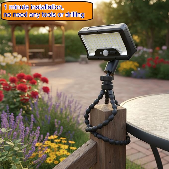 HULPPRE Solar Motion Sensor Lights Outdoor with Octopus Stand,Clip On, 92 LEDs,IP65 Waterproof, 360° Rotatable, 3 Modes Wall Lamp,for Front Door, Yard, Patio, Deck, Camping