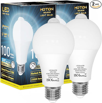 ORALUCE Motion Sensor Light Bulbs Indoor Outdoor 100 watt Equivalent, 12W Motion Activated Light Bulb 3000K Warm White, A19 E26 LED Light Bulb for Garage, Porch, Hallway, Stairs, Front Door, 2 Pack