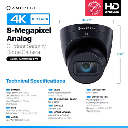 Amcrest Analog 4K Outdoor Security Camera, Turret 8MP @15fps CCTV-Coax-BNC, 65ft Night Vision, 125° Angle, Built-in Mic, Black (AMC4KDM28-B-V3), (Not an IP Camera) DVR Required, Not Included
