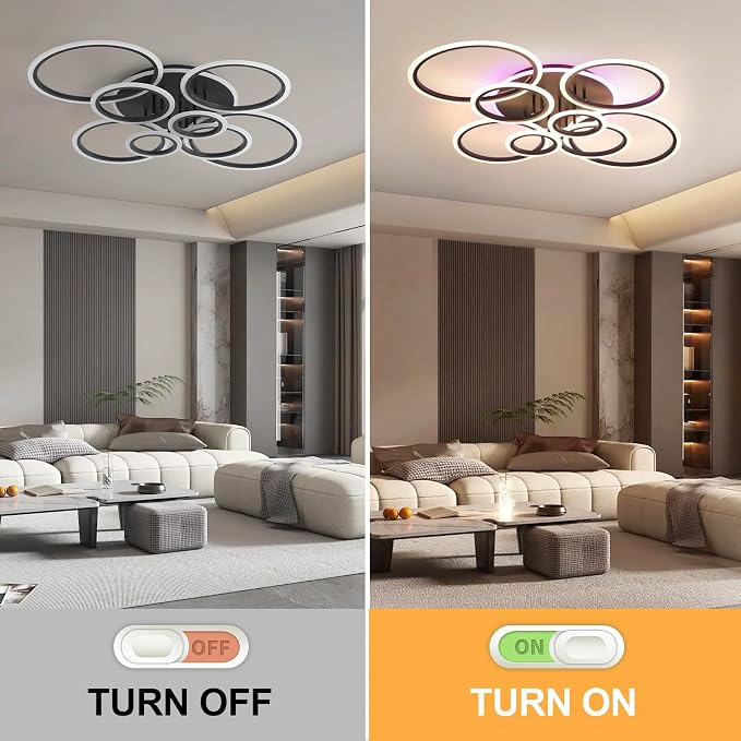 80W LED Ceiling Light, Modern Dimmable Flush Mount with Remote Lamp | Modern Black Flush Mount Fixture with RGB Ambient Backlight, Dimmable 3000K-6000K,10%-100% Brightness for Living Room Bedroom