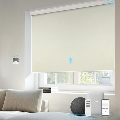 Motorized Blinds Compatible with Alexa Google Custom to 115" Width 100% Blackout Smart Blind Automatic Large Window Roller Shades Remote Control Vinyl Beige
