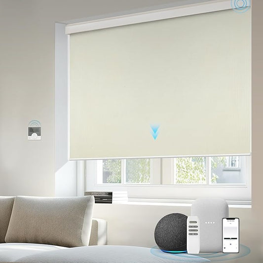 Motorized Blinds Compatible with Alexa Google Custom to 115" Width 100% Blackout Smart Blind Automatic Large Window Roller Shades Remote Control Vinyl Beige