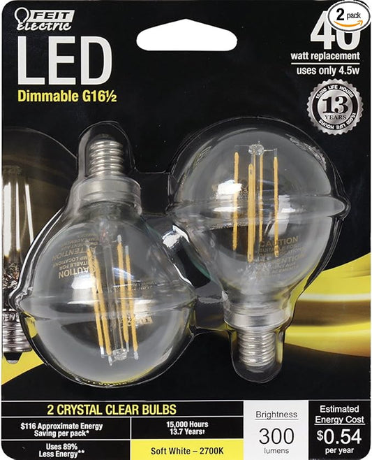 Feit Electric - Decorative Clear Glass Filament LED Dimmable 40W Equivalent Soft White (2700K) Globe Bulb, Pack of 2 (BPG1640/827/LED/2)