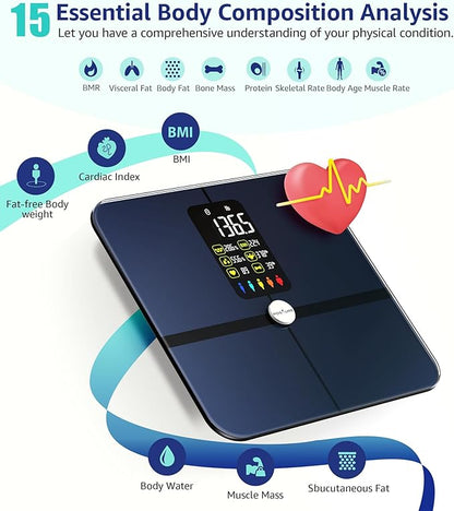 Posture Body Fat Scale, Extra Large Display Digital Bathroom Wireless Weight Scale Composition Analyzer with Heart Rate Heart Index & Body Shape Index with Free APP 400Lb Black