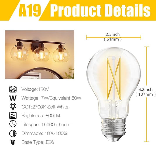 DAYBETTER 6 Pack A19 Vintage LED Edison Bulbs, 60W Equivalent Dimmable LED Bulbs, High Brightness 2700K Warm White, 800 Lumens, 8W E26 Standard Base, CRI80+, Clear Glass Filament Bulb for Living Room