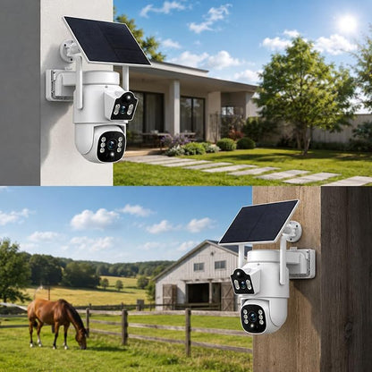 Camcamp Dual Lens Solar Security Cameras Wireless Outdoor System, 1 Camera (2 Views), 2.4/5 GHz WiFi, 2K Color Night Vision, 2-Way Audio, APP Remote, 0 Monthly Fee