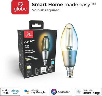 Globe Electric Wi-Fi Smart 4.5W (40W Equivalent) Straight Filament Tunable White Clear LED Light Bulb, No Hub Required, Voice Activated, Energy Star, 2000K - 5000K, Vintage Edison Style, 350 Lumns