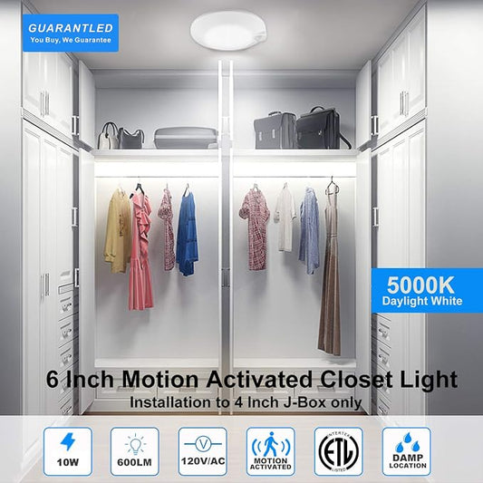 Closet Lights Motion Sensored Indoor Ceiling Mount LED-10W 5000K Closet Stair Porch Ceiling Pantry Motion Activated Light 6-7/8 Inch 90CRI 600lm Hardwire to Junction Box, No Battery, Damp Rated 4 Pack