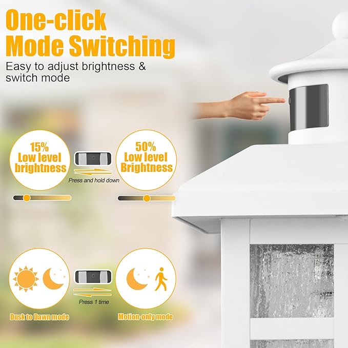 Brilvibera Dawn to Dusk Motion Sensor Wall Light Fixtures - White Wall Mount with E26 Sockets & Tempered Glass, Waterproof Outdoor & Indoor Lights for House, Porch, Garage, Door