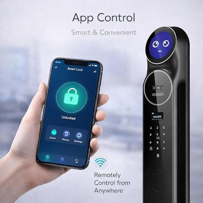 3D Face Recognition Smart Door Lock with Camera: AI Voice commandes, Video Intercom, Palm Vine, Tuya App Access, Biometric Fingerprint& Keyless Entry, Heavy Duty, Aluminum, for Home & Office