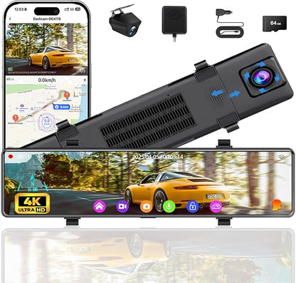 12" Mirror Dash Cam Front and Rear, 4K Dual Dashcam for Cars with Voice Control, WiFi ADAS&BSD&LCA, GPS, Reverse Assist, G-Sensor, 24 Parking Monitor, Free 64GB Card