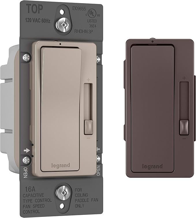 Legrand Radiant 1.6A Preset 3-Speed Decorator Rocker Ceiling Fan Control Switch with Locator Light, Single Pole/3-Way, RHDH163PBCCCV6, Nickel/Dark Bronze, 1 Count