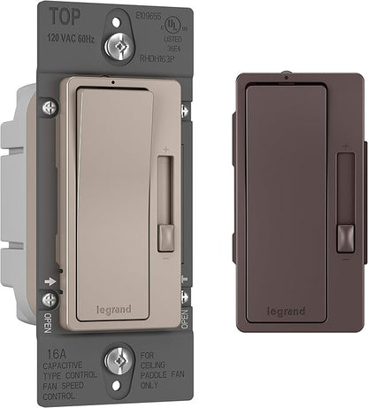 Legrand Radiant 1.6A Preset 3-Speed Decorator Rocker Ceiling Fan Control Switch with Locator Light, Single Pole/3-Way, RHDH163PBCCCV6, Nickel/Dark Bronze, 1 Count