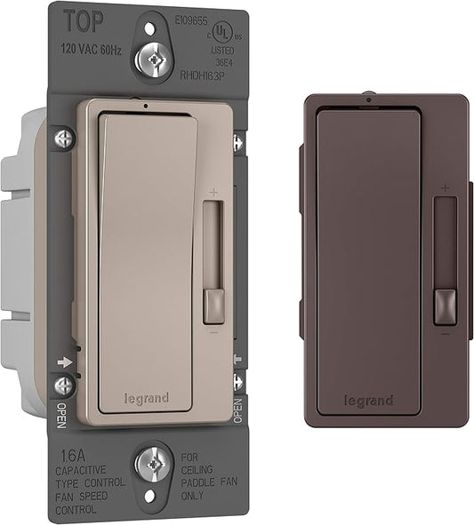 Legrand Radiant 1.6A Preset 3-Speed Decorator Rocker Ceiling Fan Control Switch with Locator Light, Single Pole/3-Way, RHDH163PBCCCV6, Nickel/Dark Bronze, 1 Count