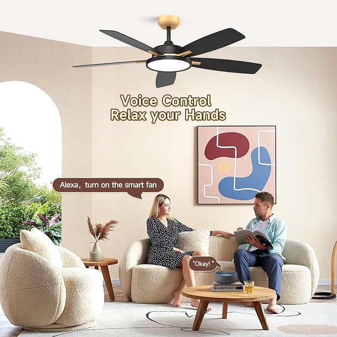 Roomratv 52 Inch Smart Ceiling Fan Compatible with App/Alexa/Google home | Black Gold,Beep-Off Function,Ultra Quiet,Bright and Dimmable Led Light,Energy saving,Reversible,Remote Control