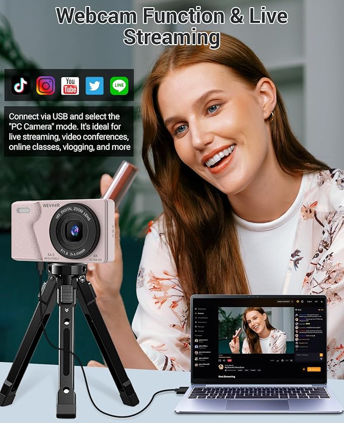 4K Digital Camera for Photography- 64MP Autofocus Vlogging Camera with Dual Lens, 18X Digital Zoom- Small Point and Shoot Camera with Card and 2000mAh for YouTube, Travel, Beginners (Pink)