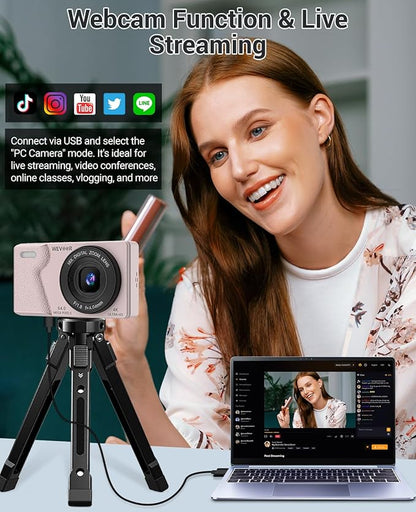 4K Digital Camera for Photography- 64MP Autofocus Vlogging Camera with Dual Lens, 18X Digital Zoom- Small Point and Shoot Camera with Card and 2000mAh for YouTube, Travel, Beginners (Pink)