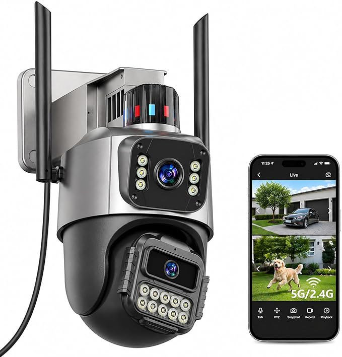 Outdoor Camera, Plug-in Security Camera Outdoor, Dual Lens PTZ 6MP, 6X Digital Zoom, Auto Tracking, Color Night Vision, 5G/2.4G Dual-Band WiFi, 2-Way Audio, IP66 Waterproof
