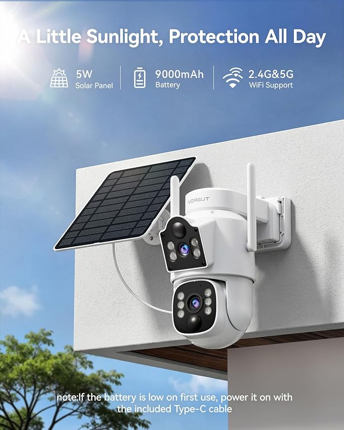 Dual Lens Solar Security Cameras Wireless Outdoor, 4MP 360° Pan/Tilt WiFi Camera with Auto Tracking, Color Night Vision, PIR Alarm, Two-Way Audio, Easy Install for Home Security