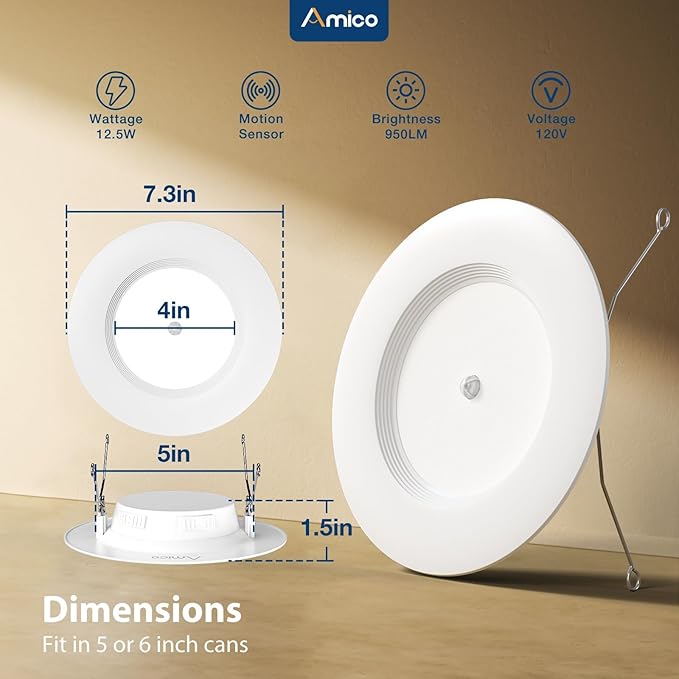 Amico 2 Pack 5/6 inch Motion Sensor Recessed Light, 12.5W=100W, 950LM, 2700K/3000K/4000K/5000K/6000K Selectable, LED Retrofit Can Lights, IC Rated - ETL & FCC, White