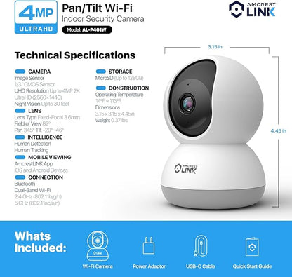 Amcrest Link 4MP WiFi Camera Indoor, Human Detection, Motion-Tracking, w/ 2-Way Audio, Pan/Tilt Wireless IP Camera (Wired Power), 30ft Night Vision, Built in Siren, AL-P401W