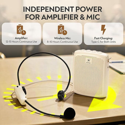 WinBridge Bluetooth Voice Amplifier - 15W Wireless Headset Mic, Portable PA System for Classroom/Elderly, Speaker and Microphone for Teachers, Tour Guide, Soft-Spoken People, WB002 Beige
