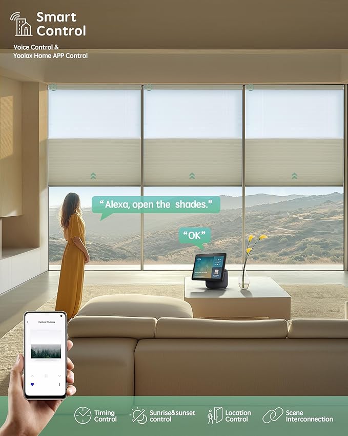 Yoolax Smart Motorized Day and Night Cellular Shades with Remote, Top Down Bottom Up Blinds Compatible with Alexa, Blackout and Light Filtering Honeycomb Blinds (Beige)