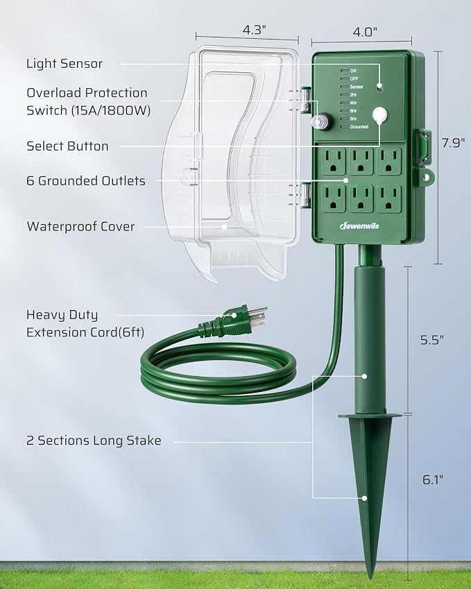 DEWENWILS Outdoor Power Stake Timer, Dusk to Dawn Timer with 6 Outlets | 1800W/15A, 6ft Extension Cord, Waterproof Cover, Overload Protection, Works for Yard, Garden, Patio Lights, ETL Listed