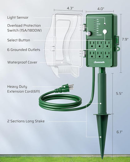 DEWENWILS Outdoor Power Stake Timer, Dusk to Dawn Timer with 6 Outlets | 1800W/15A, 6ft Extension Cord, Waterproof Cover, Overload Protection, Works for Yard, Garden, Patio Lights, ETL Listed