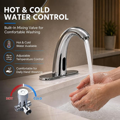 Chrome Touchless Bathroom Sink Faucet - Automatic Sensor Faucet - Dual Power Supply 110V AC or Battery Operated for Commercial