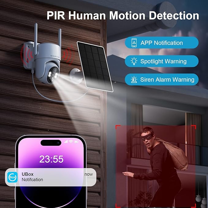 HOSAFE.COM Wireless Security Camera Outdoor, 360° PTZ Remote Cameras for Home Security Solar Powered, 2K 3MP Surveillance & Security Cameras, Free Cloud Storage(Need Apply)