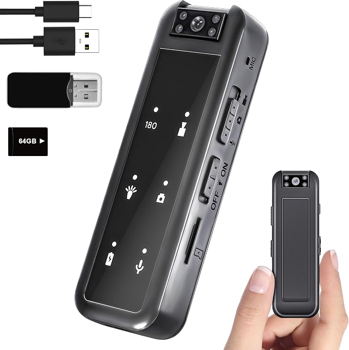 Amyway 64GB Mini Body Camera,1080P Wearable Patrol Video Recording Camcorder with IR Night Vision, 5-Hour Battery & 180° Rotating Lens – Small Wearable Cam for Security, Police, and Outdoor Use
