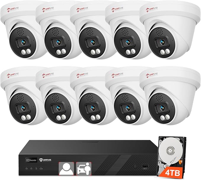 [Two Way Audio] - Anpviz 16CH 4K PoE Security Camera System, 10x 8MP Wired IP Turret Cameras Outdoor, Active Deterrent, Human Vehicle Detection, 12MP PoE NVR with 4TB HDD for Business, 0 Monthly Fees