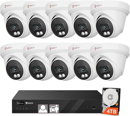 [Two Way Audio] - Anpviz 16CH 4K PoE Security Camera System, 10x 8MP Wired IP Turret Cameras Outdoor, Active Deterrent, Human Vehicle Detection, 12MP PoE NVR with 4TB HDD for Business, 0 Monthly Fees