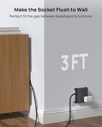 TROND Flat Plug Power Strip, 3FT Short Extension Cord with 3 AC Outlets, Wall Mount Charging Station with 2 USB-C & 1 USB-A, in Cabinet Power Outlet, Attach Behind TV or Under Desk Vanity Counter