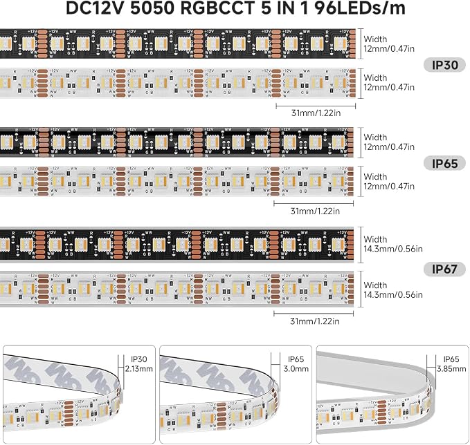 BTF-LIGHTING RGBCCT LED Strip UL Listed 16.4ft 96LED/m 300LED DC12V IP30 | Black LED Tape 12mm wide 5 Colors in 1 RGB+Dimmable Tunable Color Temperature 2700K-6500K for Decor(No Adapter or Controller)