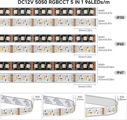 BTF-LIGHTING RGBCCT LED Strip UL Listed 16.4ft 96LED/m 300LED DC12V IP30 | White LED Tape 12mm wide 5 Colors in 1 RGB+Dimmable Tunable Color Temperature 2700K-6500K for Decor(No Adapter or Controller)
